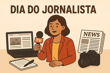 Naklejka premium Celebrating Journalism: An illustration captures the essence of journalism, with a journalist poised with a microphone near a computer and a newspaper