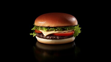A gourmet burger with lettuce, tomato, and cheese. Featuring savory indulgence