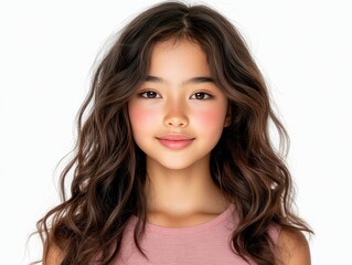 Fototapeta premium Charming portrait of a little girl with long, flowing brown hair in natural setting