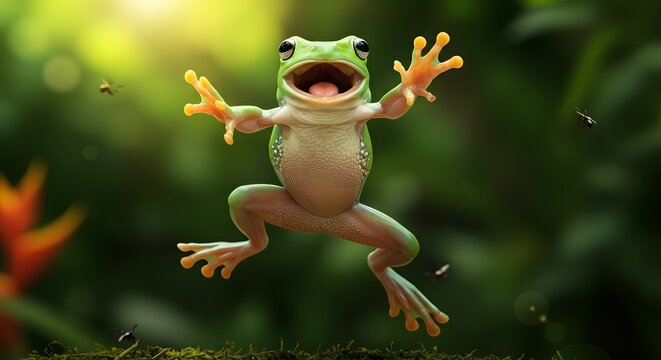 AI Generated - frog jumping with green bokeh background