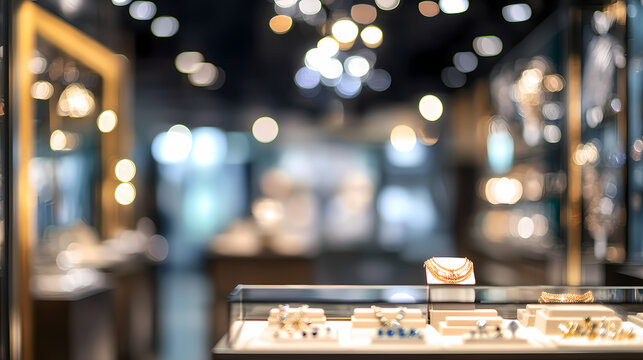 Elegant Jewelers: A captivating, bokeh-filled view inside an upscale jewelry store showcases glittering displays of fine jewelry, all illuminated by soft lights. 