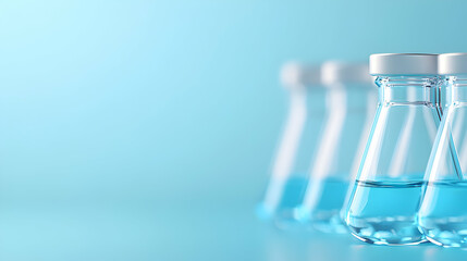Row of Glass Flasks with Light Blue Liquid on a Light Blue Background