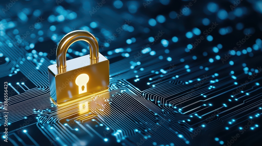 Poster digital security concept with padlock on circuit board