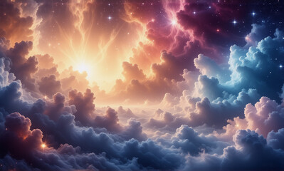 Fototapeta premium A celestial vista unfolds with vibrant clouds illuminated by a radiant light source, set against a backdrop of twinkling stars, evoking a sense of wonder and cosmic beauty.