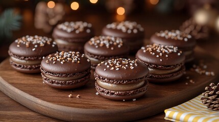 Chocolate macarons with caramel filling and sea salt on wooden board.