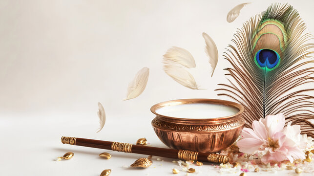 Ethnic Janmashtami banner with Krishna's peacock feather, wooden flute placed beside an earthenware pot of milk, ai generated images.