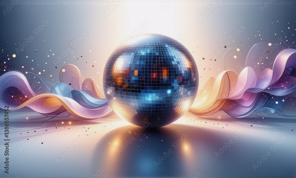 Poster reflective sphere at center, surrounded by flowing abstract shapes and glitter. soft lighting create