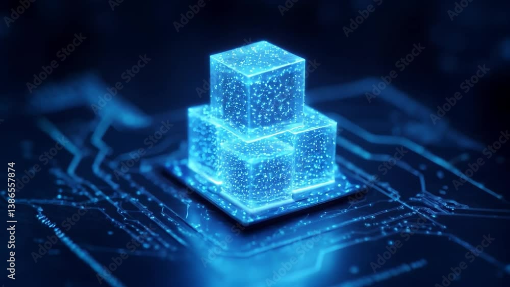 Poster glowing blockchain technology digital circuit innovation with stacked blocks on circuit board