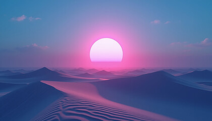 Twilight Desert Dunes with Pink Sun and Surreal Atmosphere