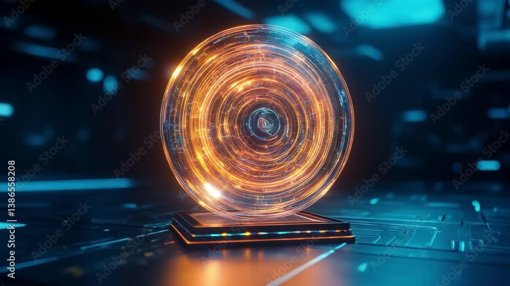 Poster luminous circular interface showcasing blockchain protocol with glowing real time transactions