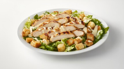 A grilled chicken Caesar salad with croutons and parmesan. Featuring classic flavors