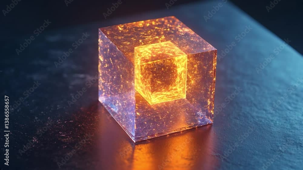 Poster elegant glowing transparent cube design with vibrant light display and mesmerizing colors.