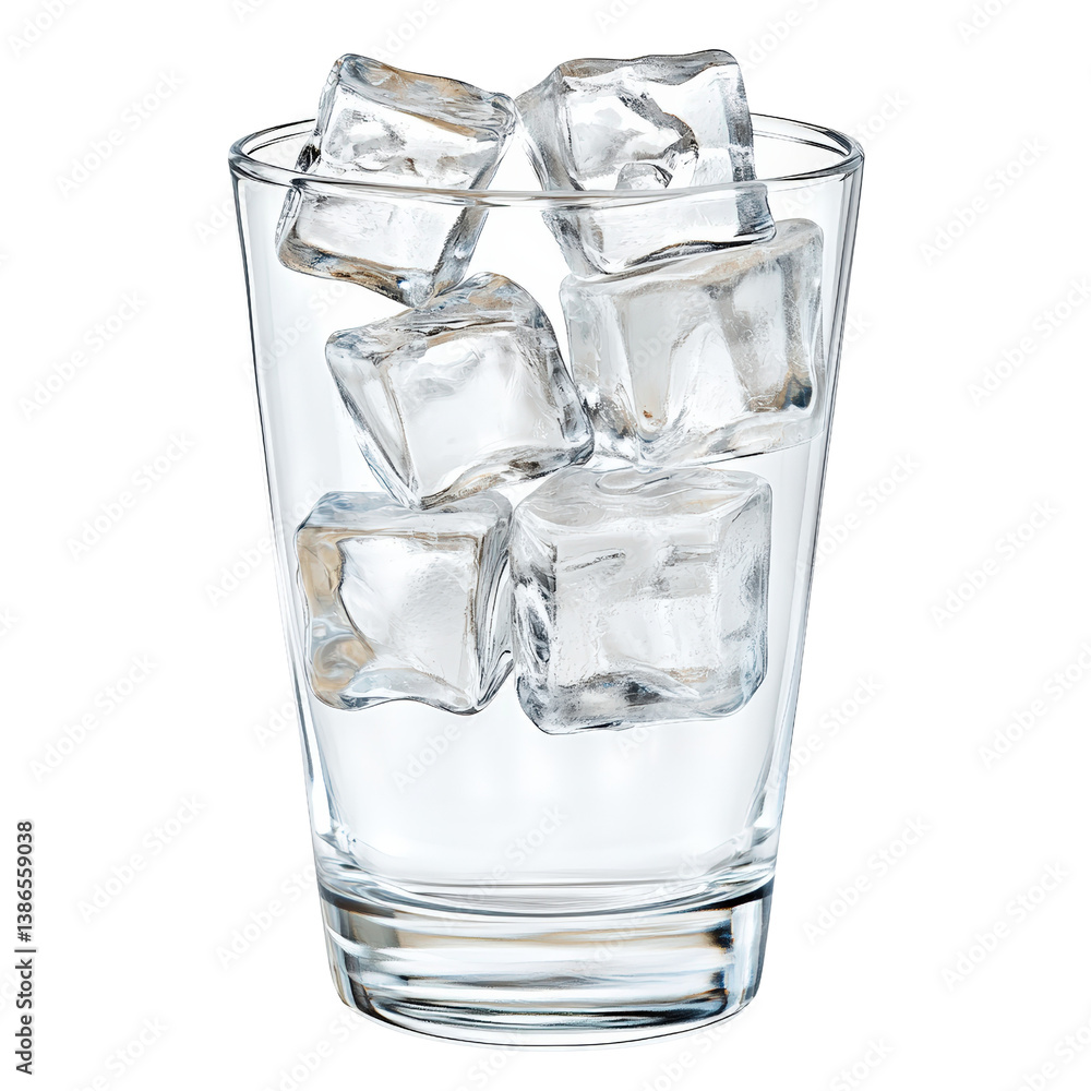 Poster refreshing ice cubes floating in a clear glass filled with water on a bright sunny day against a lig