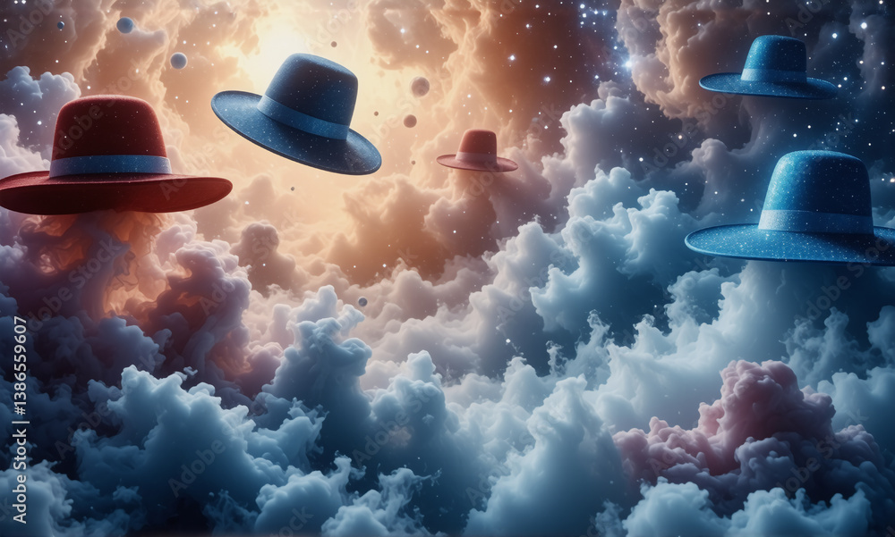 Poster surreal scene of hats floating amidst fluffy clouds and sparkling stars in a dreamy sky, some hats a