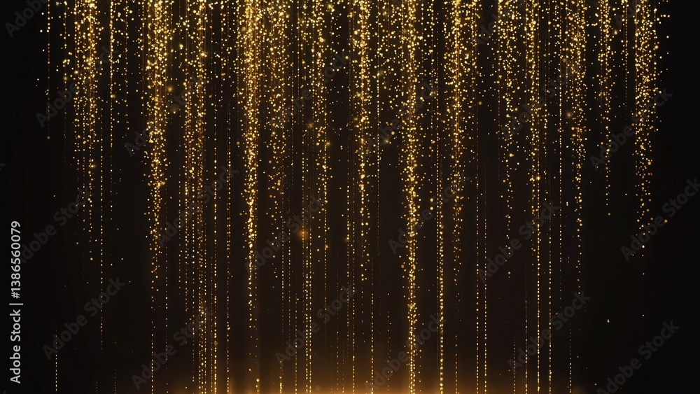 Poster golden shower of particles: a mesmerizing visual of golden particles cascade downward from above, cr