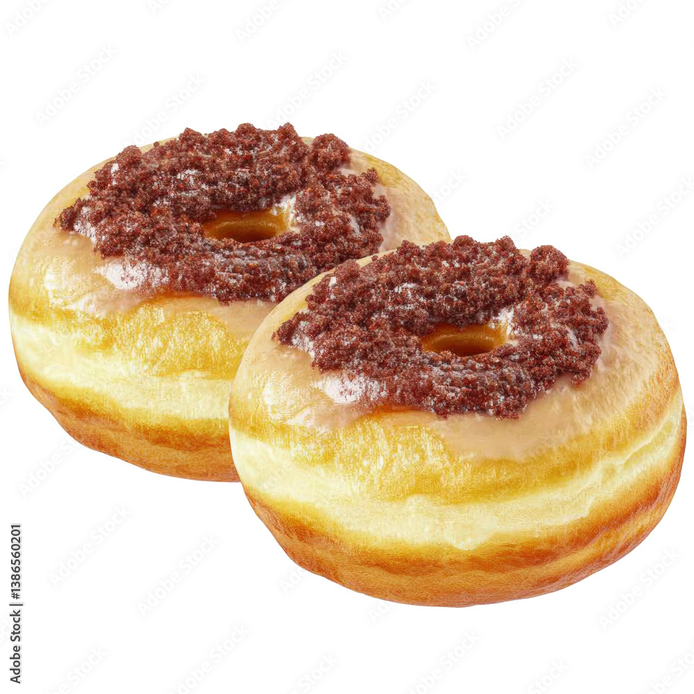 Poster two doughnuts with a rich chocolate covered topping displaying their irresistible appeal and temptin
