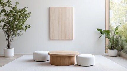 Fototapeta premium A minimalist room features a light wood coffee table flanked by two round ottomans. A large, light-colored vertical artwork hangs on the wall. The scene includes potted plants, creating a calm atmos
