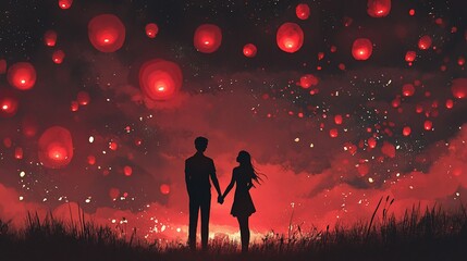 Obraz premium Couple holding hands under red lanterns, night sky, romantic field