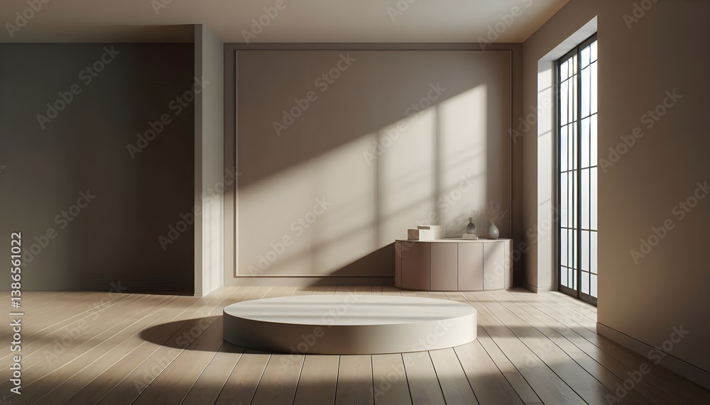 Poster minimal 3d render of circular platform in softly lit studio with elegant wood flooring