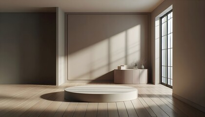 Fototapeta premium Minimal 3D render of circular platform in softly lit studio with elegant wood flooring