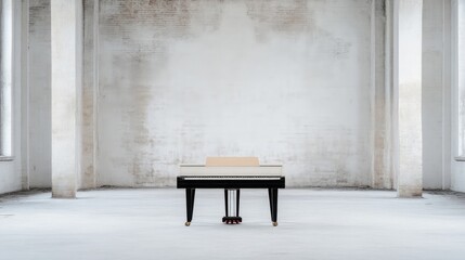 A grand piano, cream-colored with black legs, sits centrally in a large, empty room. The rooms aged concrete walls and pillars create a minimalist backdrop. The image is high-quality with even lighti