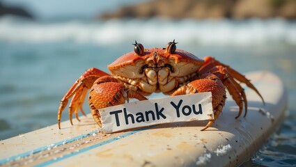 A colorful crab holding a sign that says 'Thank You' on a surfboard, showcasing gratitude in a fun beach setting.