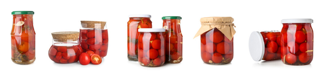 Set of jars with canned tomatoes on white background