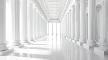 Endless White Corridor with Columns: A Pathway to Architectural Grandeur