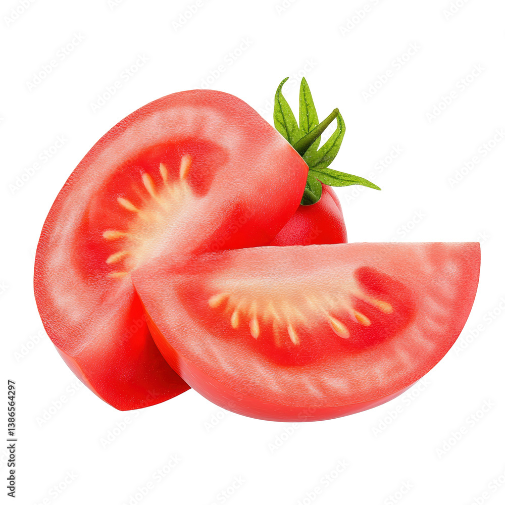 Poster freshly cut slices of juicy tomato displaying vibrant red color and glossy skin for a healthy culina