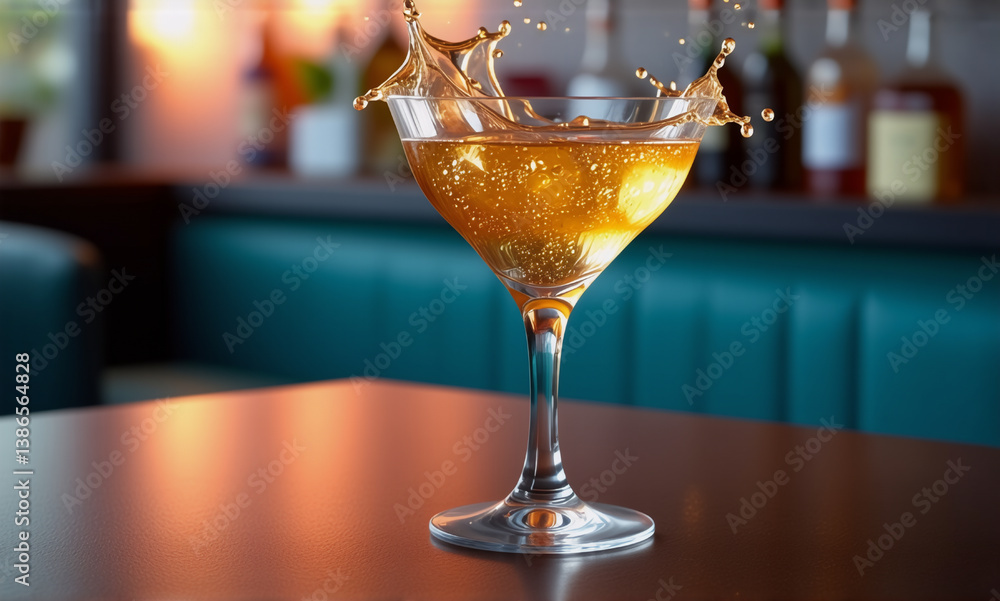 Poster golden drink splashes from a martini glass on a dark bar table. a refreshing and vibrant beverage in