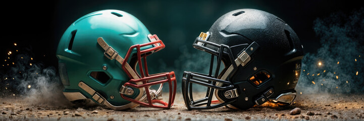Fototapeta premium A dynamic image of teal and black American football helmets, symbolizing competition and teamwork in sports. Perfect for promoting events, merchandise, or sports themes.