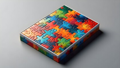 Fototapeta premium Puzzle box with glossy pieces and blank surface design shown on clean gray background