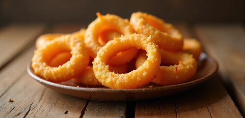 Crispy and golden-brown onion rings served on a rustic wooden plate, perfect for food photography, menus, or promotional materials in the restaurant industry.