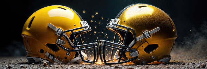 Two golden football helmets collide, surrounded by sparks, symbolizing competition and intensity in sports. Perfect for sports marketing, promotions, or team branding.