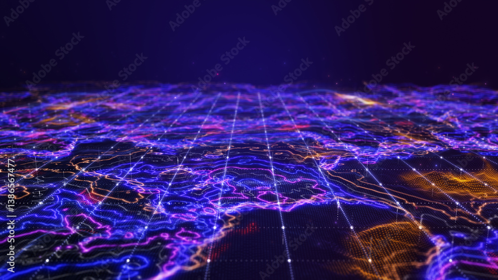 Poster abstract digital data landscape with glowing particles and dynamic lines on a dark background, 3d an