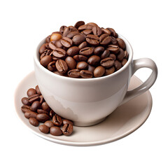Coffee Beans Overflowing From Ceramic Cup On Saucer Isolated On white Background