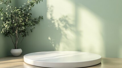 Minimalist round podium in mint green room with plant, product display