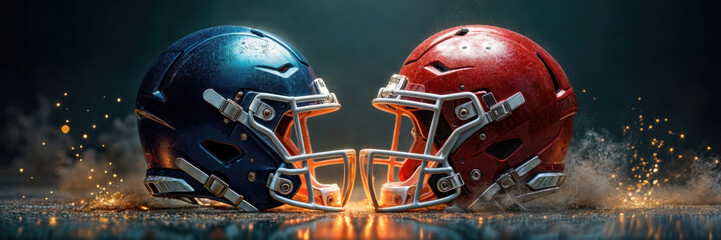 Dynamic close-up of two football helmets, one blue and one red, symbolizing competition and teamwork. Perfect for sports branding, promotions, and event marketing.