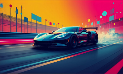 Naklejka premium A dark, aerodynamic sports car speeds along a track with motion blur. A vibrant, colorful background creates a dynamic, racing atmosphere under a bright sky.