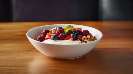 A hearty breakfast bowl with granola, yogurt, and fresh berries, placed on a wooden table. Featuring energy and balance