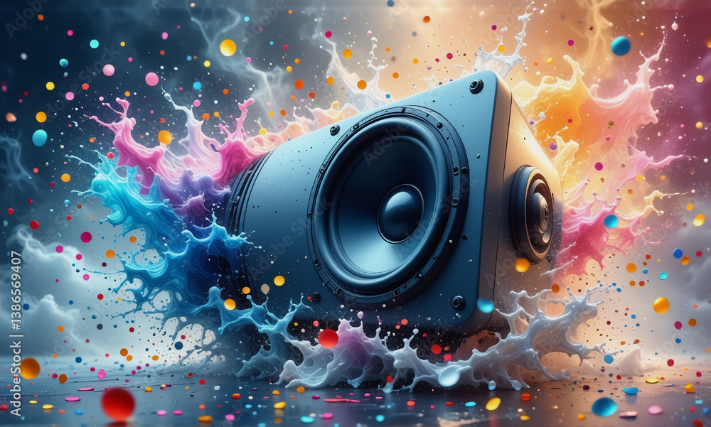 Poster a speaker bursts with vibrant, dynamic color splashes, creating an energetic and artistic visual rep