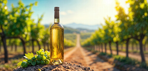 A picturesque wine bottle set against a lush vineyard and scenic landscape, ideal for promoting wine, vineyards, or gourmet experiences.