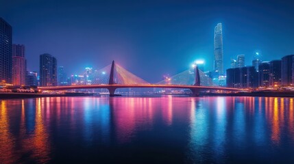 Fototapeta premium Night City Skyline Bridge Reflection