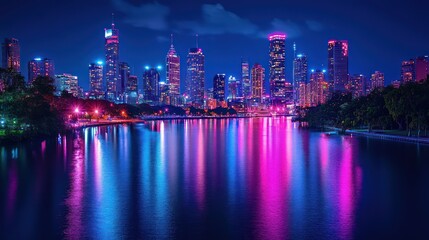 Obraz premium Night City Skyline Reflection Colorful Lights