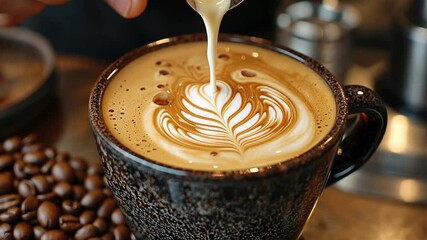 Latte art being created, barista pouring milk into coffee - Powered by Adobe