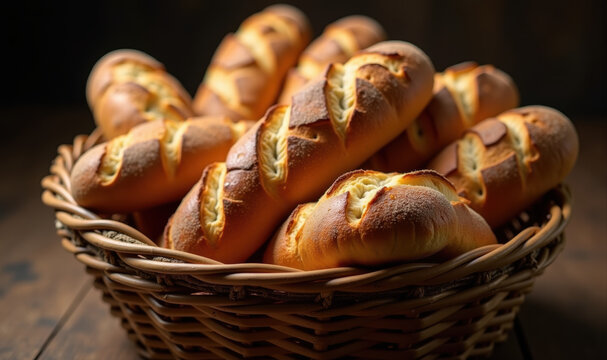 Freshly baked bread rolls in a rustic basket, perfect for showcasing culinary delights or promoting bakery products.
