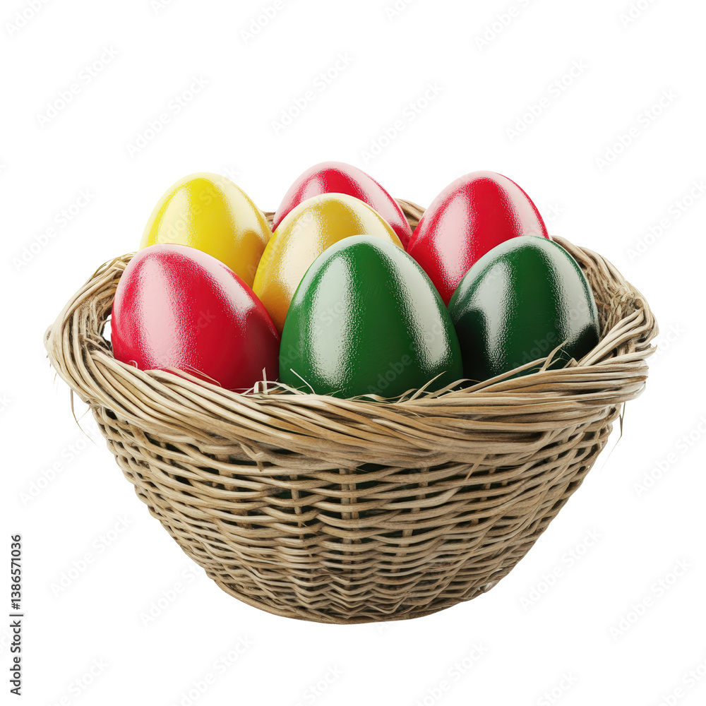 Poster a colorful basket overflowing with brightly decorated easter eggs in various designs and patterns fo
