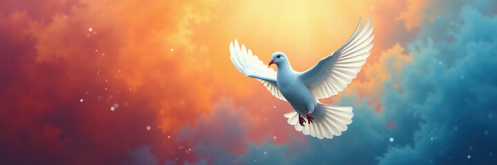 Fototapeta premium A serene dove soaring through a vibrant, colorful sky, symbolizing peace, hope, and freedom. Ideal for projects related to spirituality, nature, and harmony.