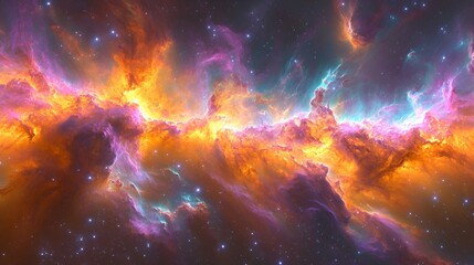 Fototapeta premium Fiery orange and teal nebula in space with stars.