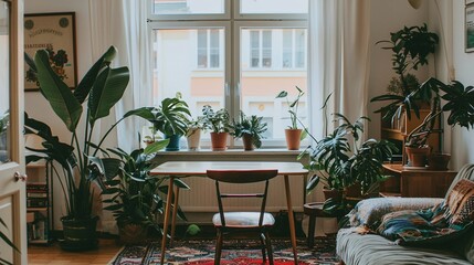 Fototapeta premium Cozy indoor space with plants, a wooden table, and a chair, showcasing a bright window view